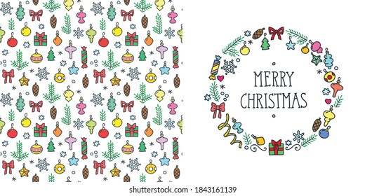 Merry Christmas. Wreath and pattern made of Christmas decorations. Can be used as folding greeting card, invitation, booklet or flyer. Vector illustration 8 EPS.