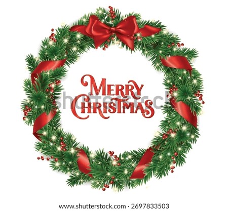 Merry Christmas wreath with pine branches, red bow and ribbon, glowing lights isolated on white background. Red lettering and festive vector illustration. Perfect for holiday cards and banners.
