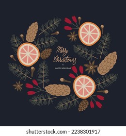 Merry Christmas wreath with pine, fir, anise star, cone, cloves, red berries, dry oranges, dog-rose berries. Xmas and Happy New Year postcard. Vector illustration in flat style