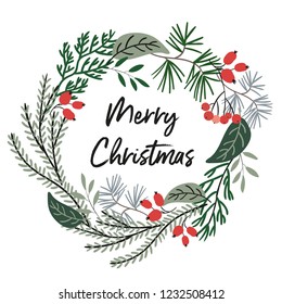 Merry Christmas wreath with quote, white background. Green pine twigs, leaves, red berries. Vector illustration. Nature design greeting card template. Winter holidays. Xmas greenery.