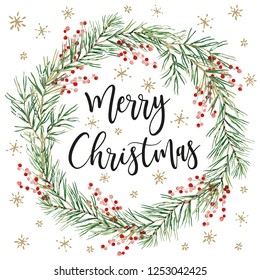 Merry Christmas wreath with quote, white background. Green pine twigs and red berries. Vector illustration. Nature design greeting card template. Winter holidays. Xmas day, gold snowflakes