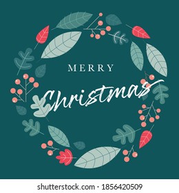 Merry Christmas wreath with quote, white background. Green pine twigs and red berries.Vector illustration.Christmas card.Decorative vector illustration for winter invitations,cards,posters and flyers.