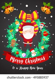 merry christmas wreath with santa and cute ornaments