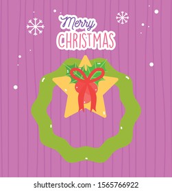 merry christmas wreath star bow mistletoe snow vector illustration