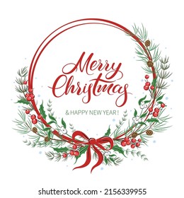 Merry Christmas wreath with text. Green fir, twigsred and whites berries. Greeting card template for winter holidays. Vector illustration.