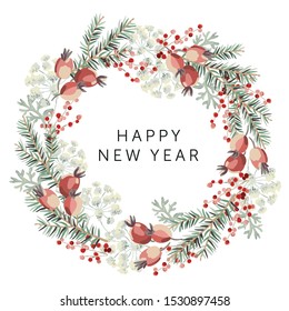 Merry Christmas wreath with text Happy New Year, white background. Green fir twigs and red berries. Vector illustration. Nature design greeting card template. Winter xmas holidays