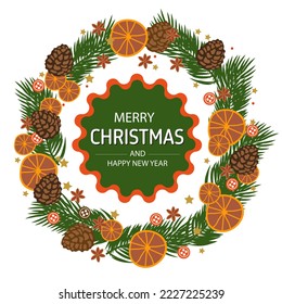 Merry Christmas Wreath with text on White background. Dry Oranges Fir twigs Pine-cones Buttons. Winter xmas holidays. Nature design greeting card template. Vector illustration.