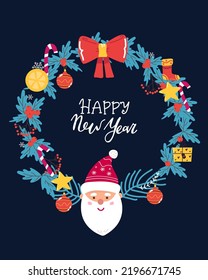 Merry Christmas wreath with text, santa. Green fir twigs and red berries. Vector illustration. Nature design greeting card template. Winter xmas holidays