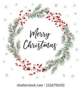 Merry Christmas wreath with text, snowflakes, white background. Green fir twigs and red berries. Vector illustration. Nature design greeting card template. Winter xmas holidays