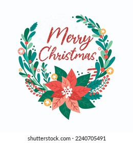 Merry Christmas wreath with text, white background. Festive decorative frame with plant elements, holly, mistletoe, pine, fir branches, berries. Xmas and Happy New Year greeting card, poster, banner