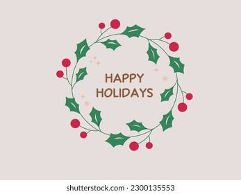 Merry Christmas wreath with text, white background. Green fir twigs and red berries. Vector illustration. Nature design greeting card template. Winter Xmas holidays