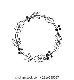 Merry Christmas wreath with twigs, holly leaves and berries. Holiday vector illustration. Nature design greeting card template. Winter xmas decoration.