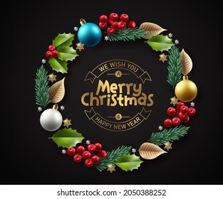 Merry christmas wreath vector background design. Christmas greeting text with xmas ornament elements for holiday season decoration. Vector illustration. 
