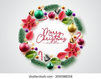 Merry christmas wreath vector background design. Christmas greeting text with xmas ornament elements for holiday season card decoration. Vector illustration. 