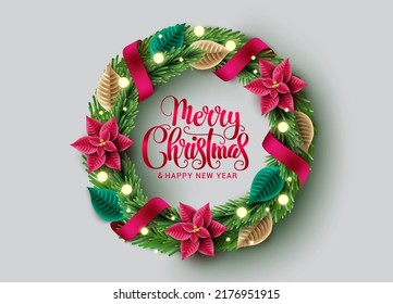 Merry christmas wreath vector design. Merry christmas greeting text in element with poinsettia, ribbon and bokeh xmas decoration for holiday season. Vector illustration.
