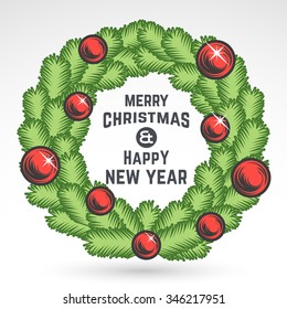 Merry Christmas wreath vector design. Vintage happy New Year postcard. X-mas banner for party, sale, print. December poster or badge