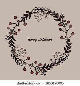 Merry Christmas. Christmas wreath. Vector greeting card with natural design. Lettering, berries, leaves, branches. Hand-drawn. For holiday designs, cards, posters, invitations.