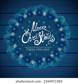 merry Christmas, wreath, vector illustration on blue wooden snowflake background