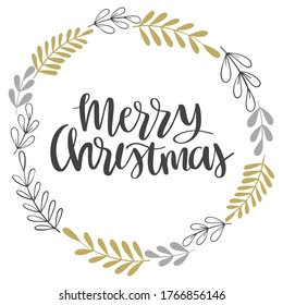 Merry Christmas wreath vector illustration. Hand drawn christmas botanical wreath. Greeting card, stationery, poster design. 