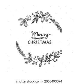 Merry Christmas wreath. Vector wreath illustration. Hand drawn floral wreath