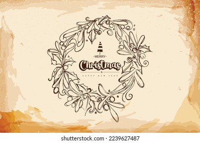 Merry Christmas Wreath vector illustration hand drawing and Happy New Year vintage elegant look Background 