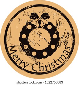 Merry Christmas wreath vector round shabby emblem design, old retro style. Mistletoe wreath stamp. Round seal imitation. Sign on craft paper background. Vintage grunge icon Merry Christmas mood