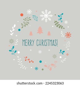 Merry Christmas wreath with Xmas decorations in flat style.