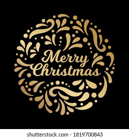 Merry Christmas wreath. Xmas vector emblem, vignette. The inscription in round frame with golden pattern and ornament. Retro style. Merry Christmas greeting logo. Xmas decoration in gold colors