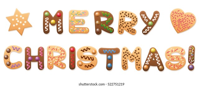 MERRY CHRISTMAS - written with christmas cookies and gingerbread cookies.