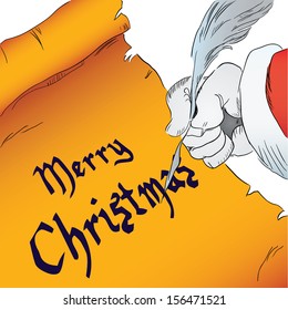 Merry Christmas written on parchment with a quill pen. Vector drawing hand.