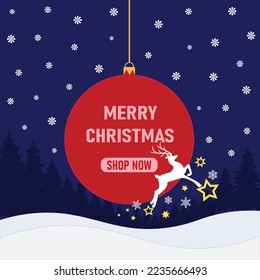 Merry Christmas written on a red Christmas ball card isolated on snowy background with falling snowflakes and a reindeer. Sale background. Vector Illustration. 