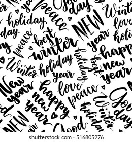 Merry Christmas written pattern on white background. Modern calligraphy and hand drawn design elements. Hand painted letters. Vector illustration. Best winter. New year