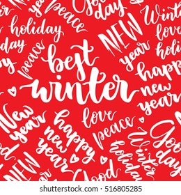 Merry Christmas written pattern on red background. Modern calligraphy and hand drawn design elements. Hand painted letters. Vector illustration. Best winter. New year