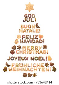 MERRY CHRISTMAS - written in swedish, italian, spanish, english, french and german language with cookies forming a sweet christmas tree.