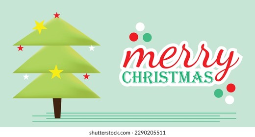 Merry Christmas written Christmas tree and green soft background as beautiful Christmas banner vector illustration.
