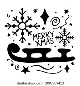 Merry Christmas Xmas background Happy New Year decorative concept Snowflake star confetti sled logo icon sign Hand drawn Cartoon children's design style Fashion print clothes apparel greeting card ad