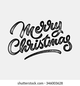 Merry Christmas, Xmas Badge, Handwritten Lettering, Calligraphy With Grain, Noise, Dotwork, Halftone, Grunge Texture For Logo, Banners, Labels, Postcards, Posters, Web And Prints. Vector Illustration.