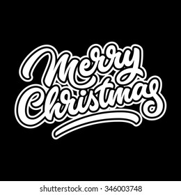 Merry Christmas, xmas badge with handwritten lettering, calligraphy with outlines and dark background for logo, banners, labels, postcards, invitations, prints, posters, web. Vector illustration.