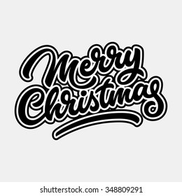 Merry Christmas, xmas badge with handwritten lettering, calligraphy with outlines and light background for logo, banners, labels, postcards, invitations, prints, posters, web. Vector illustration.