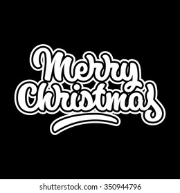 Merry Christmas, xmas badge with handwritten lettering, calligraphy with outlines and dark background for logo, banners, labels, postcards, invitations, prints, posters, web. Vector illustration.