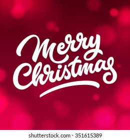 Merry Christmas, xmas badge with handwritten lettering, calligraphy with red background and realistic lights for logo, banners, labels, postcards, prints, posters, web. Vector illustration