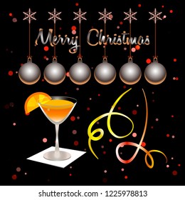 Merry Christmas. Xmas balls and snowflakes. Cocktail glass and orange slice. Cocktail glass on a napkin. Festive serpentine. Confetti sparkles. Trendy Xmas and New Year background. Vector illustration