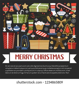 Merry Christmas Xmas celebration winter holidays symbols set