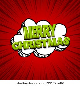 Merry Christmas xmas comic text sound effects pop art style. Vector speech bubble word and short phrase cartoon expression illustration. Comics book colored background template.