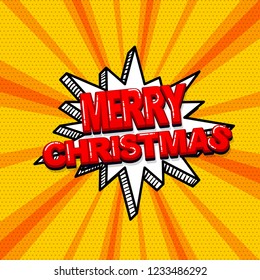 Merry Christmas xmas comic text sound effects pop art style. Vector speech bubble word and short phrase cartoon expression illustration. Comics book colored background template.