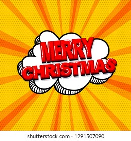 Merry Christmas xmas comic text sound effects pop art style. Vector speech bubble word and short phrase cartoon expression illustration. Comics book colored background template.
