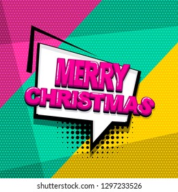 Merry Christmas xmas comic text sound effects pop art style. Vector speech bubble word and short phrase cartoon expression illustration. Comics book colored background template.