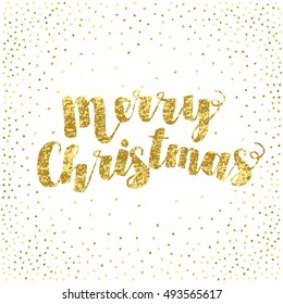 Merry Christmas - xmas design elements gold glittering isolated on white background with gold snow. Great design element for congratulation cards, banners and flyers.