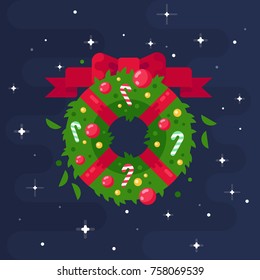 Merry Christmas! Xmas green wreath with a big red bow and different decorations. Flat vector illustration.