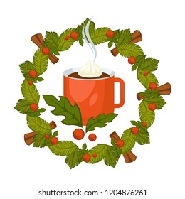 Merry Christmas, xmas greeting with winter holiday, mug with beverage vector.